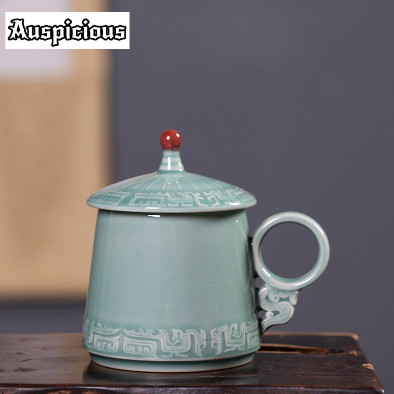 Celadon Ceramic Cup - 395ml Longquan 청자 청동 패턴 커피