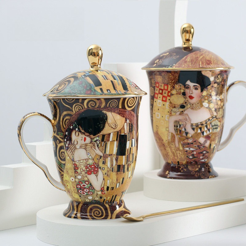 Celadon Ceramic Cup - 유럽풍 세라믹 머그컵 (뚜껑, 스푼 포함)